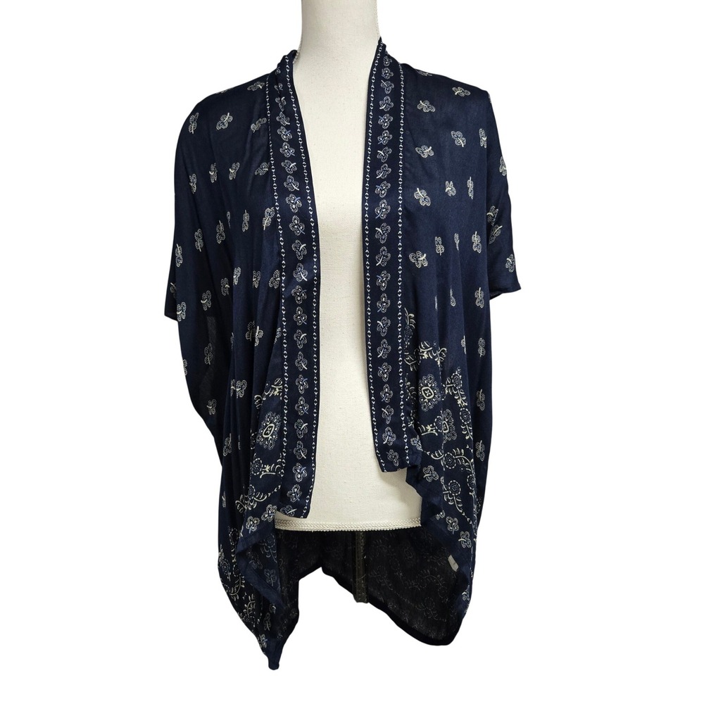 LOFT Navy Blue Floral Block Print Kimono Wrap SOFT Cardigan Women'sSize XS/S